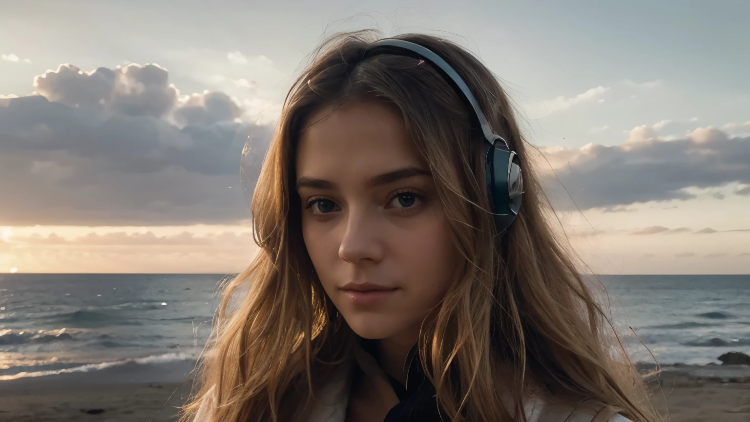 Imaginez le portrait d'une femme au visage serein, with long wavy blonde hair, reflecting the golden light of dusk at the edge of'une plage. Elle porte un casque audio sur les oreilles, symbole de son lien avec la musique. The scene takes place at the end of the day, with a subdued light that delicately envelops her face and hair, créant une atmosphère intime et inspirante. Le fond de l'image est estompé, mettant en avant la femme tout en suggérant un espace ouvert et paisible, perhaps evoking creative freedom or'escape that'offers his YouTube channel. L'image combine élégance, tranquility and modernity, capturer l'essence de la chaîne qu'it represents. The color palette is dominated by the soft hues of the sunset, avec des touches de bleu et d'or pour équilibrer chaleur et fraîcheur. Cette image de couverture est conçue pour attirer l'attention tout en invitant les spectateurs à découvrir le monde que la chaîne a à offrir.