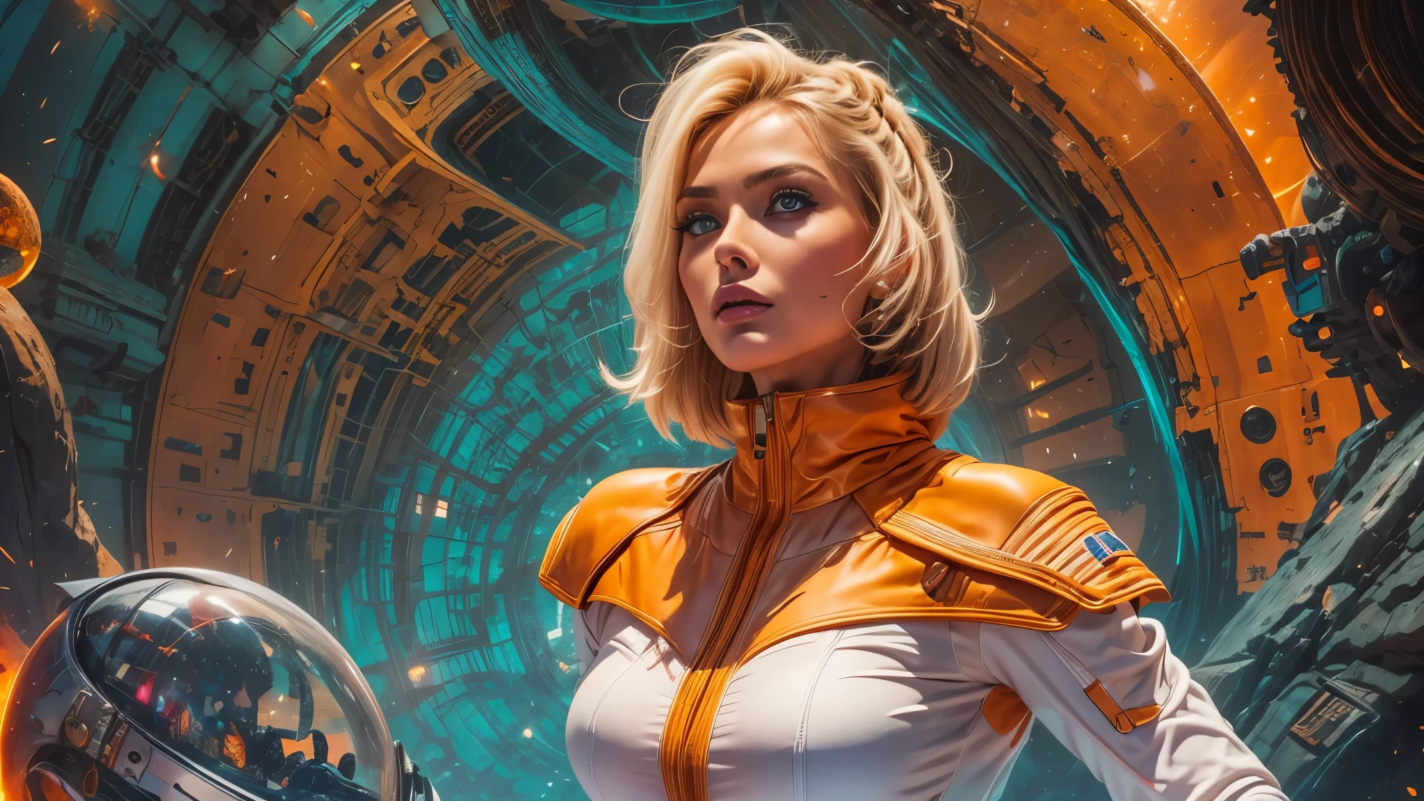 arafed image of a white woman in a futuristic suit with a spaceship in the background, movie art, in front of an orange background, inspired by Robert McGinnis, female protagonist, megastructure in the background, portrait of an ai astronaut, astronauts, an astronaut, portrait of a astronaut skeletor, perfect android girl, detailed eyes, perfectly detailed teeth, frank franzzeta and sakimichan  