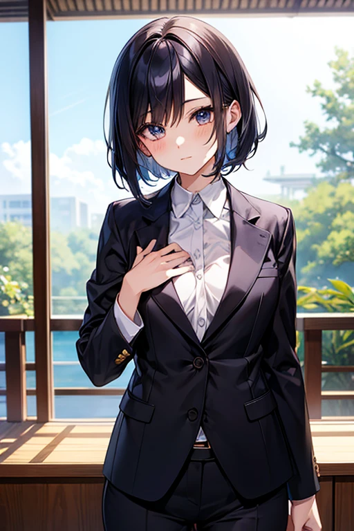 Enchanting anime girl, Beautiful and attractive anime woman, Top rated on pixiv、beautiful girl、Japanese、Short Bob、Smaller breasts、I'm working、suit