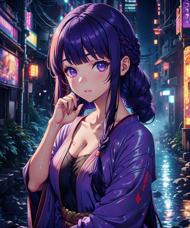 1girl, blunt bangs, braid, wide sleeves, hair ornament, japanese clothes, red obi, (purple hair:1.2), very long hair, straight hair, looking at viewer, highly detailed background, (photo realistic:1.2), detailed eyes, red eyeshadow, depth of field，thigh, (ulzzang-6500:0.7), upper body, (solo:1.2), (cyberpunk city:1.1), cleavage, (finger on lips:1.1),Shiny skin