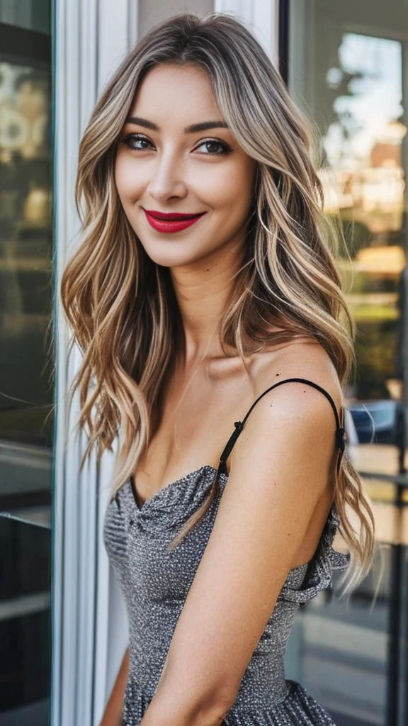 23 year old dutch girl, RAW, beautiful young fresh woman, semi-open strawberry lip, dimples, wistful expression, (brown hair long wavy), ((detailed face)), ((detailed facial features)), (fine detailed skin), brown skin, at center of dark nite life club, (cool color), moist, damp, reflection, (masterpiece), long Messy black Hair,(( gray sexy mini short micro side cut sun dress)), full body waist up pose , upper_body pose