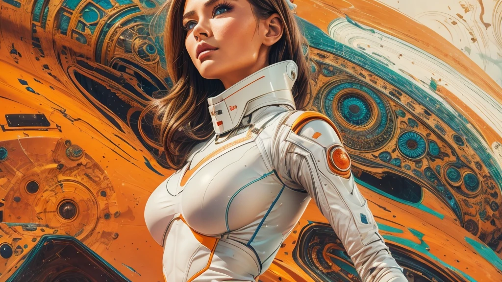 arafed image of a white woman in a futuristic suit with a spaceship in the background, movie art, in front of an orange background, inspired by Robert McGinnis, female protagonist, megastructure in the background, portrait of an ai astronaut, astronauts, an astronaut, portrait of a astronaut skeletor, perfect android girl, detailed eyes, perfectly detailed teeth, frank franzzeta and sakimichan