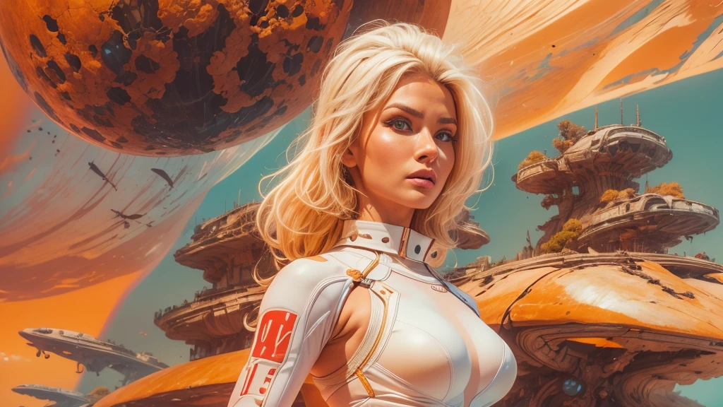 arafed image of a white woman in a futuristic suit with a spaceship in the background, movie art, in front of an orange background, inspired by Robert McGinnis, female protagonist, megastructure in the background, portrait of an ai astronaut, astronauts, an astronaut, portrait of a astronaut skeletor, perfect android girl, detailed eyes, perfectly detailed teeth, frank franzzeta and sakimichan