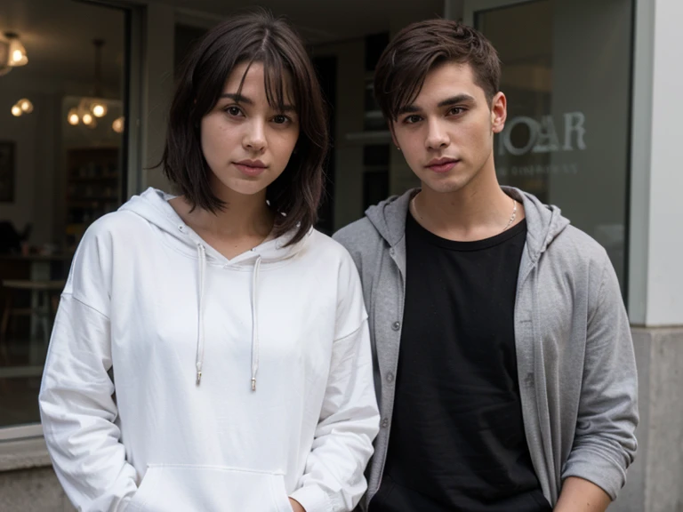 short black layered haired girl with fringe wearing plain black hoodie and brunette male wearing plain white shirt