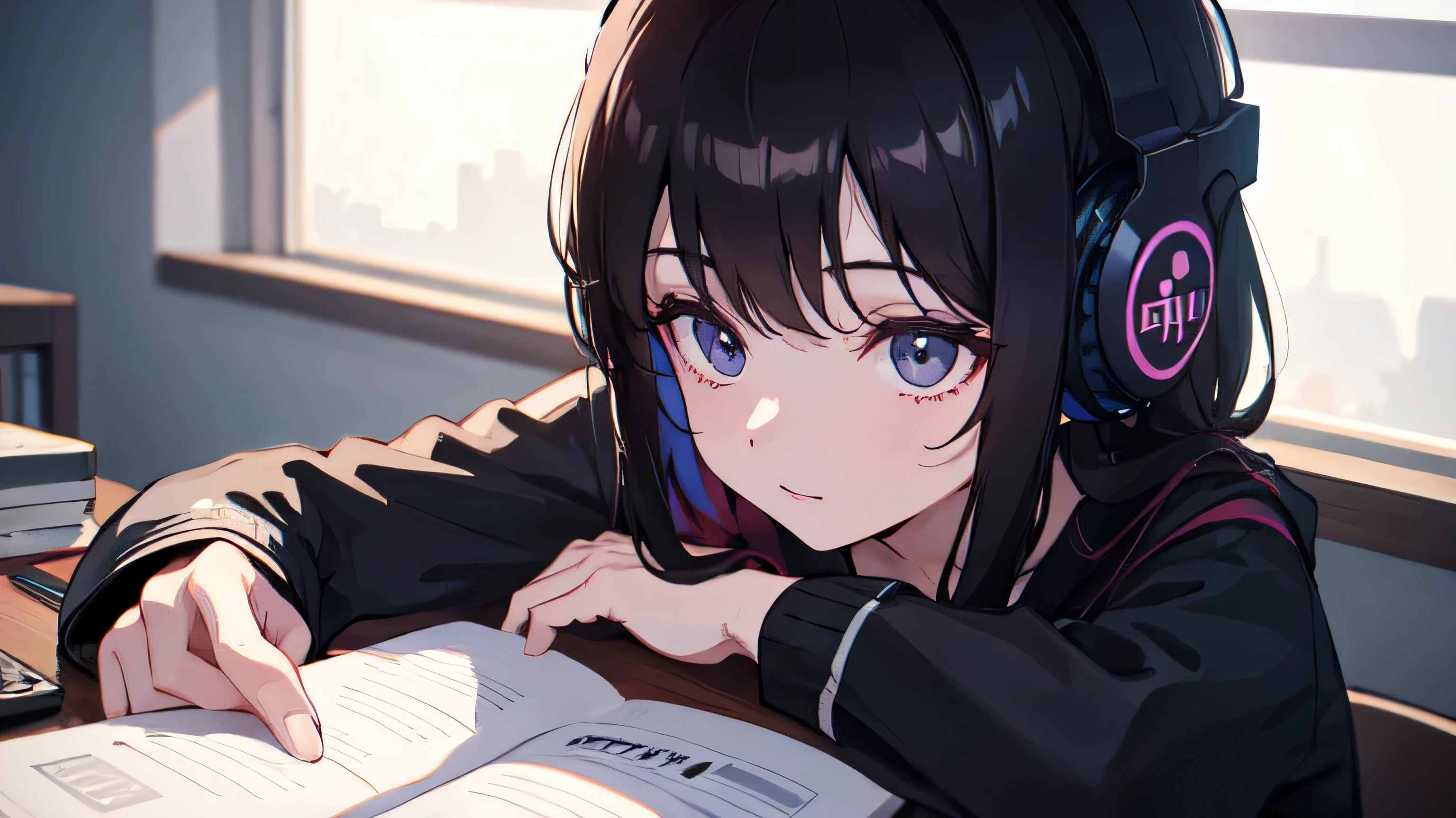 A dark-haired woman wearing headphones studying by the window、high resolution、4k,8k、Fine grain、Five fingers