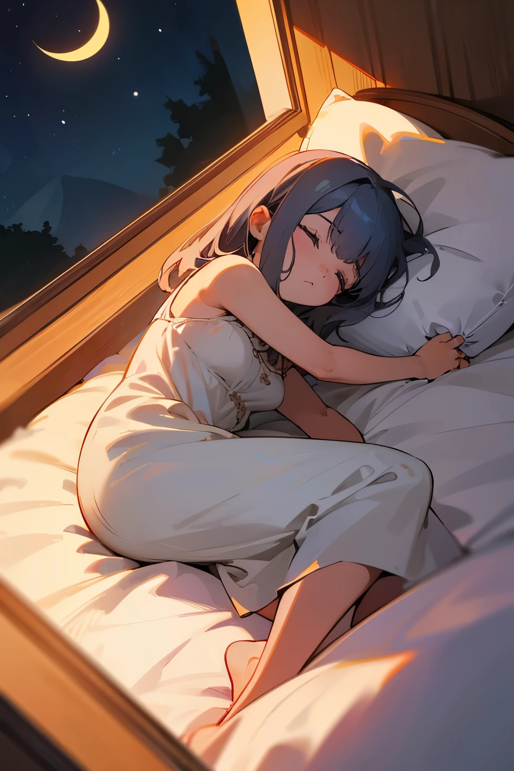 Best Quality, Masterpiece, ultra high resolution, a woman, Acerola (pokemon), By the median address, purple eyes , small breasts, look of satisfaction, blushing, purple dress, lying on a purple bed, backwards, medium rear, Feet apart, barefoot, barefoot, soles of feet visible, feet sweating and steaming, view from behind, lying on a purple bed, backwards medium rear, background department, View from below