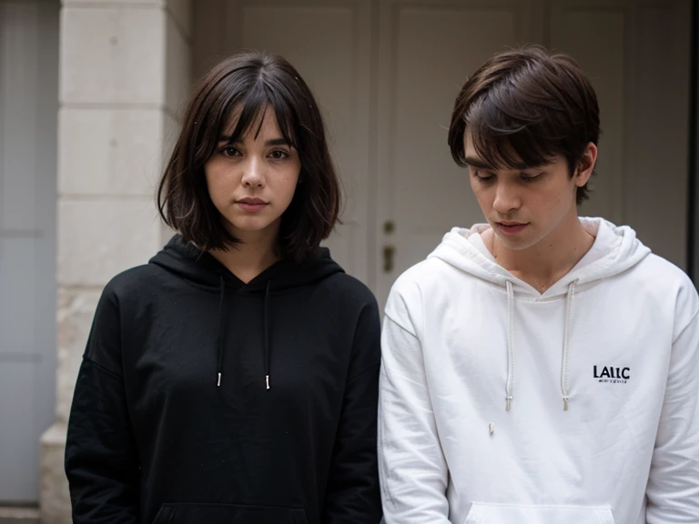 short black layered haired girl with fringe wearing plain black hoodie and brunette male wearing plain white shirt
