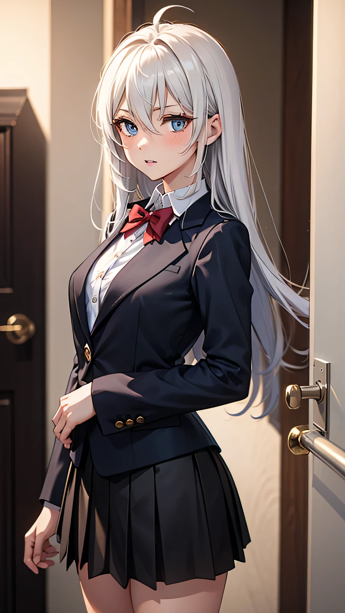 Arya, 1girl, solo, long hair, blue eyes, ahoge, bow, looking at viewer, red bow, jacket, bowtie, long sleeves, breasts, shirt, open jacket, red bowtie, door, cowboy shot, collared shirt, indoors, , white hair, standing, open clothes, skirt, bangs, dress, grey jacket, black dress, blush, pleated skirt, parted lips, medium breasts, pleated dress, white shirt, hair between eyes, white jacket, hand up, blazer, black skirt, thighs, open door, hallway