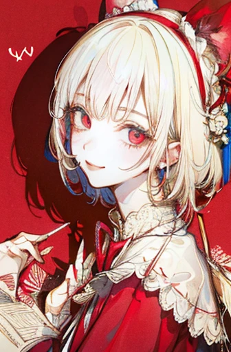 ​masterpiece: 1.7, top-quality、(Highly detailed CG、ultra-detailliert、Best Shadow:1.1)、solo、Painterly、sketch、Paper texture、alice in the wonderland、Red ribbon on head、Red clothes、超A high resolution、extra detailed face、flat-colors、extra detailed face、extra detailed face、realisitic、limited pallete、Low contrast、The best lighting、Beautuful Women、lite smile、blanche:1.6、(Zentangle、a Mandala、Tangle、Entangle:1)