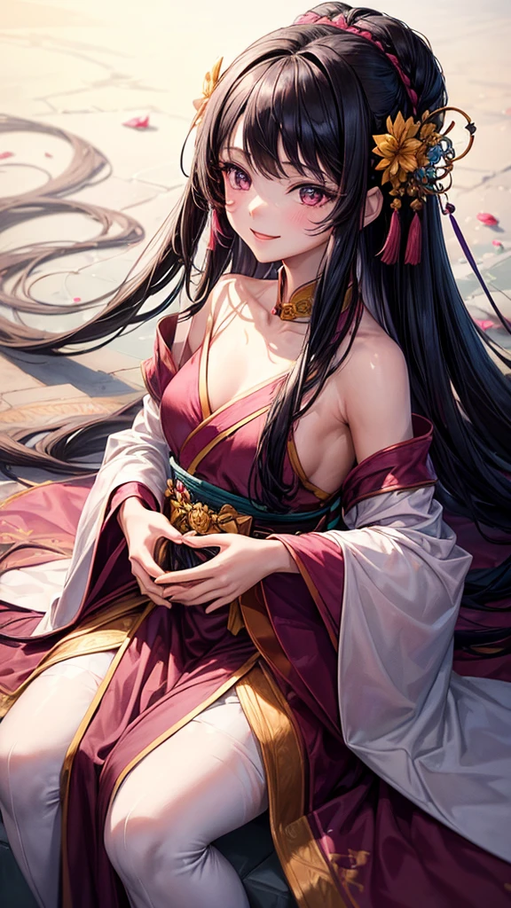 ((masterpiece, highest quality)), (Negative Space: 1.2),
(1 girl, alone: 1.4), 20th Generation, medium skin,beautiful fingers,beautiful hands,
Black Hair, Iris, Smiling Hanfu, dress, Pink clothes, Reddish-purple clothes, Golden decoration,
clavicle,
sunshine ,