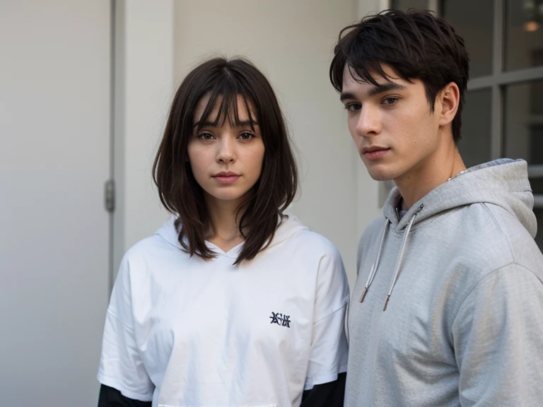 short black layered haired girl with fringe wearing plain black hoodie and brunette male wearing plain white shirt