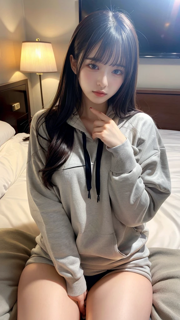 muste piece, best quality, illustration, Super detailed, fine details, High resolution, 8K,wall paper, perfect dynamic composition,(Details High quality, realistic depiction of eyes:1.3), Oversized Light Grey Hoodie, Erotic Shorts, Lying down, black hair color, Big Natural Color Lip, bold sexy pose, (perfect body shape), crying a little、cold gaze, Harajuku style、20 year old girl、cute type、ta、beautiful legs, hotel room, hposing Gravure Idol, Voluptuous thighs