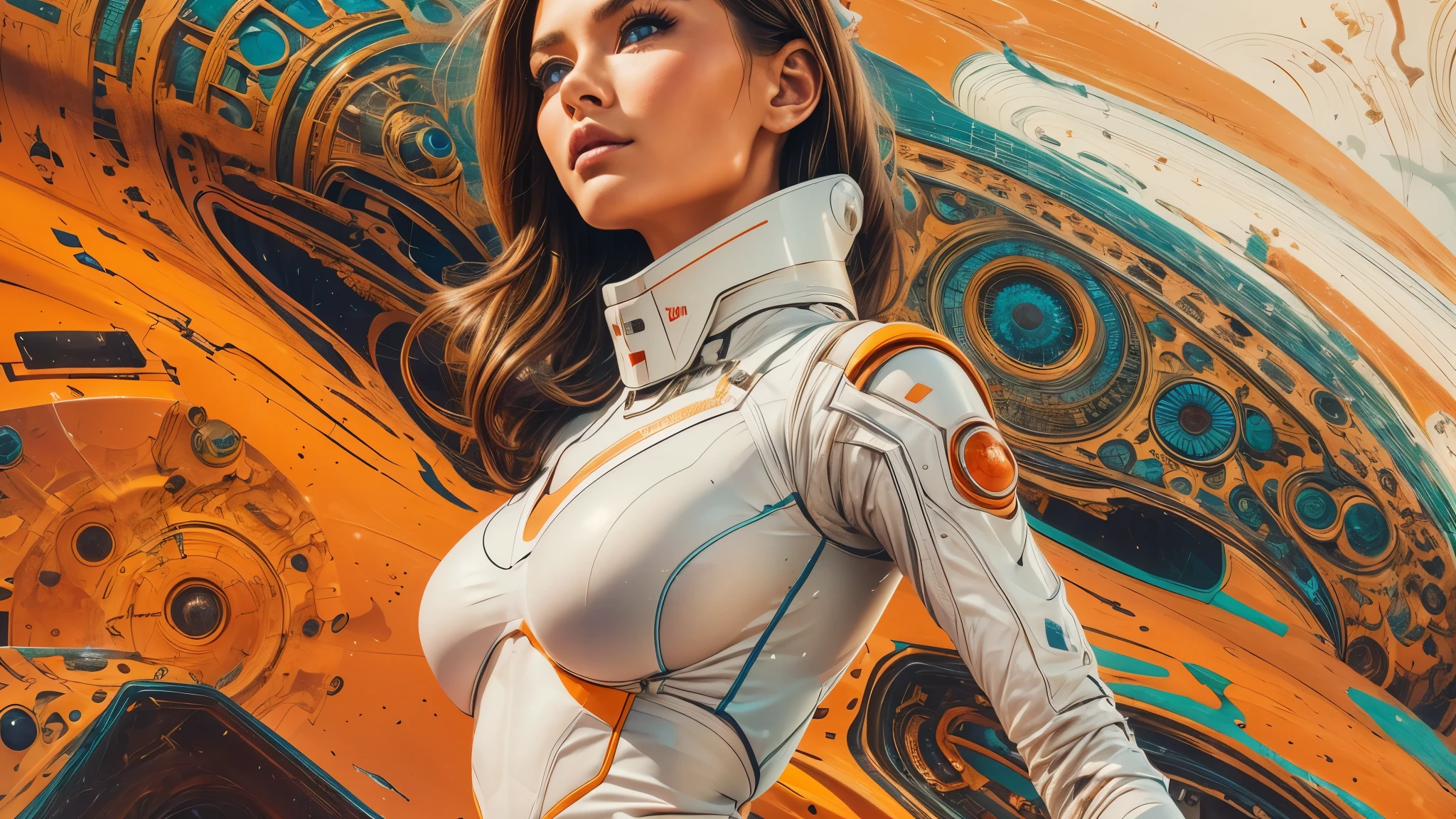 arafed image of a white woman in a futuristic suit with a spaceship in the background, movie art, in front of an orange background, inspired by Robert McGinnis, female protagonist, megastructure in the background, portrait of an ai astronaut, astronauts, an astronaut, portrait of a astronaut skeletor, perfect android girl, detailed eyes, perfectly detailed teeth, frank franzzeta and sakimichan
