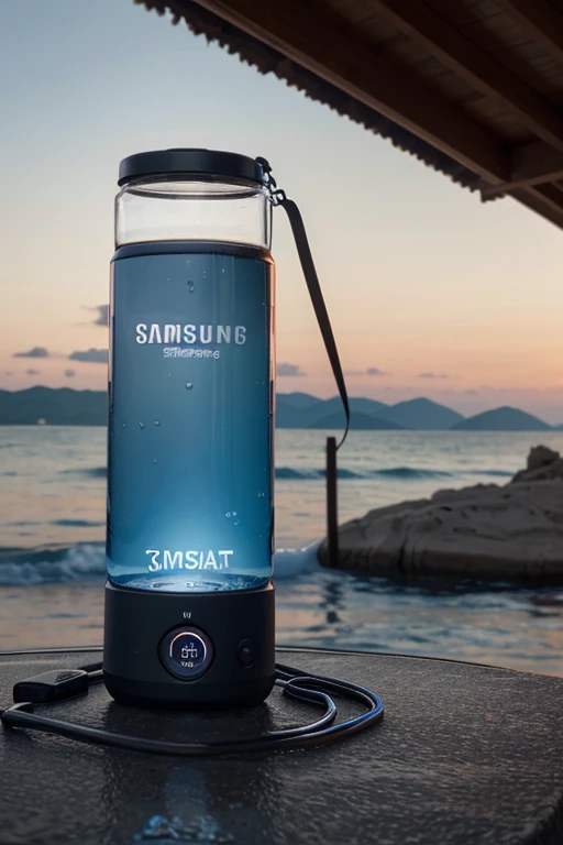 create a new product never seen before from a collaboration called Samsung Sypc of a thermos with an integrated alarm that has an alarm to warn you when to drink water and tells you how many glasses of water you have drunk, te diga la hora, sea recargable con la luz solar, tell you the temperature of the water and use a timer to put it on when you go out to exercise, y que tenga marcapasos