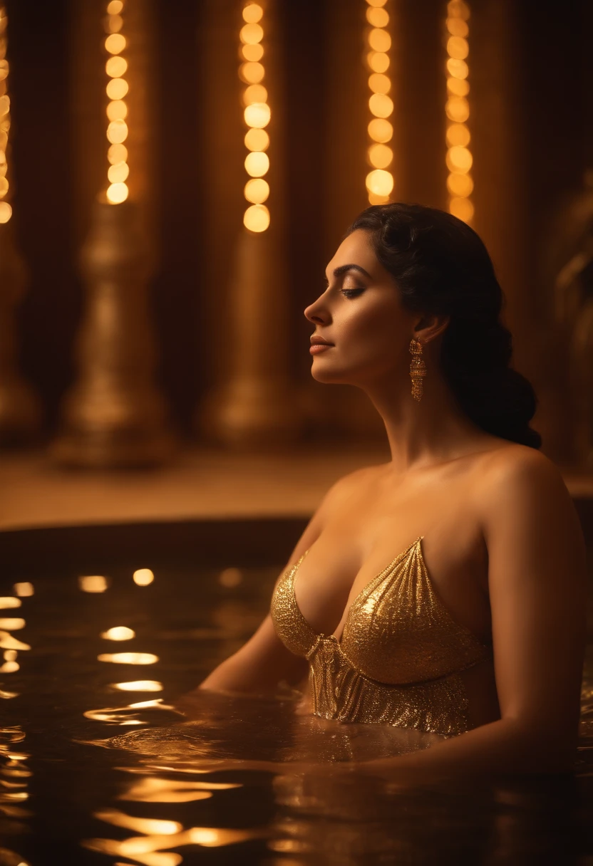 A high quality, realistic depiction of  naked Cleopatra, Queen of the Nile, bathing in her golden huge pool, showing  naked  breasts, she washes  white milk, aand mili  leaks from her nipples  ,surrounded by warm candlelight