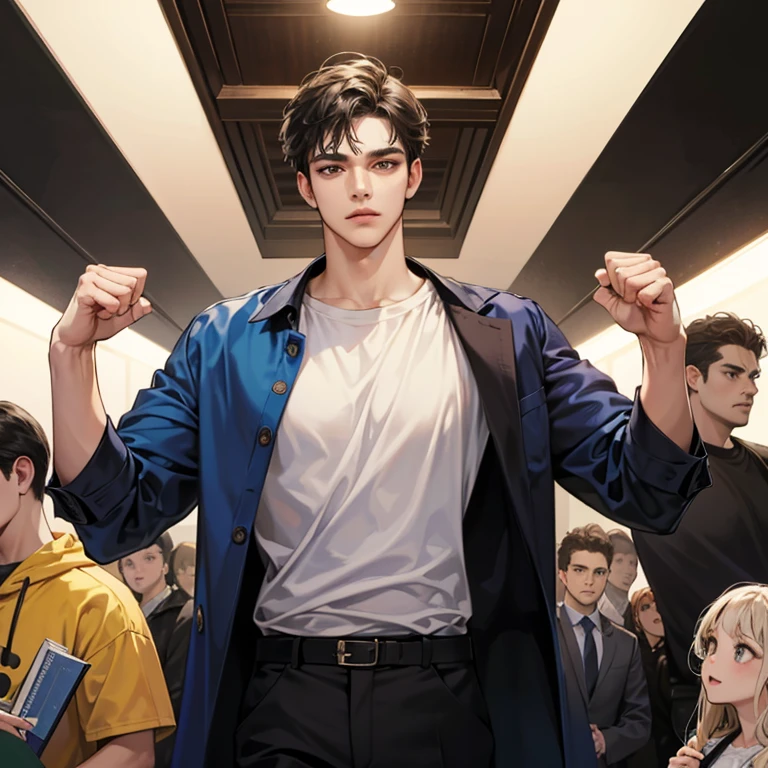 ((obra de arte, Maximum quality, Cinematic Light)), adulto, masculino 1, bonito, Homem alto e musculoso, ombros largos, Olhos delicados e rosto delicado, cabelo branco, fundo detalhado, subway background, Roupas pretas, cabelo,