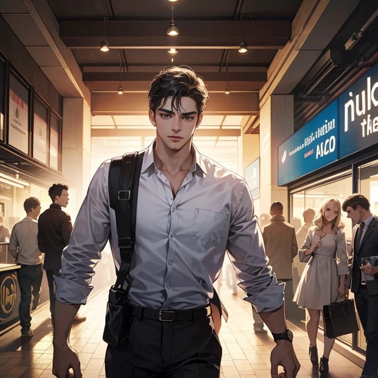 ((obra de arte, Maximum quality, Cinematic Light)), adulto, masculino 1, bonito, Homem alto e musculoso, ombros largos, Olhos delicados e rosto delicado, cabelo branco, fundo detalhado, subway background, Roupas pretas, cabelo, 