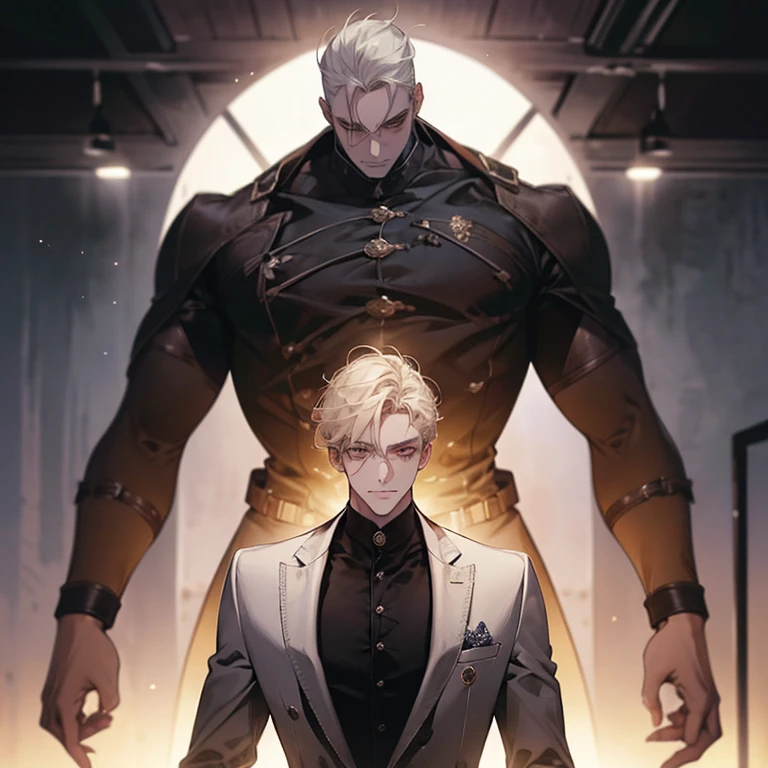 ((obra de arte, Maximum quality, Cinematic Light)), adulto, masculino 1, bonito, Homem alto e musculoso, ombros largos, Olhos delicados e rosto delicado, cabelo branco, fundo detalhado, subway background, Roupas pretas, cabelo,