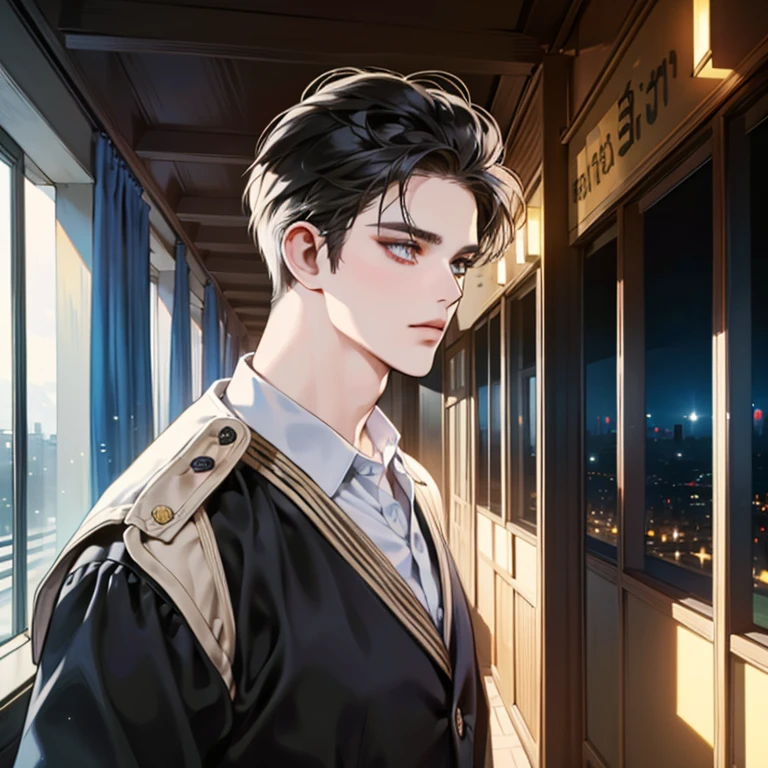 ((obra de arte, Maximum quality, Cinematic Light)), adulto, masculino 1, bonito, Homem alto e musculoso, ombros largos, Olhos delicados e rosto delicado, cabelo branco, fundo detalhado, subway background, Roupas pretas, cabelo,
