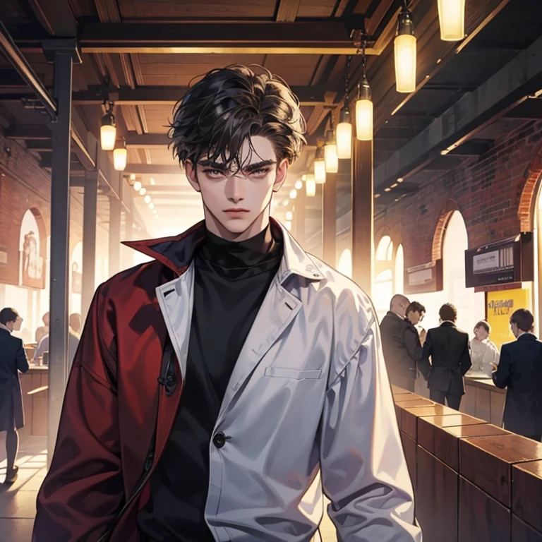 ((obra de arte, Maximum quality, Cinematic Light)), adulto, masculino 1, bonito, Homem alto e musculoso, ombros largos, Olhos delicados e rosto delicado, cabelo branco, fundo detalhado, subway background, Roupas pretas, cabelo,