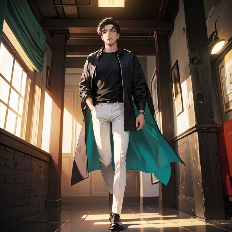 ((obra de arte, Maximum quality, Cinematic Light)), adulto, masculino 1, bonito, Homem alto e musculoso, ombros largos, Olhos delicados e rosto delicado, cabelo branco, fundo detalhado, subway background, Roupas pretas, cabelo, 
