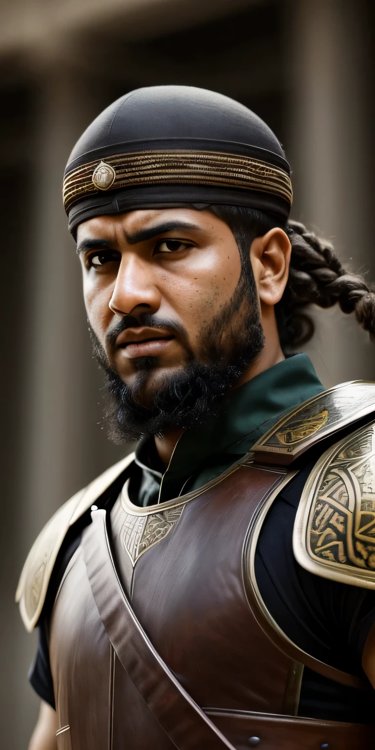 The Battle of Mu'tah: The Battle of Mu'tah was a pivotal moment in Khalid bin Waleed's journey as a legendary warrior. In this battle, he commanded a small, valiant army against overwhelming odds, showcasing his strategic brilliance, unwavering faith, and indomitable spirit. Khalid's attire on this battlefield was a blend of traditional Arabian garments and protective armor. His robe bore the marks of his heritage, while the armor he wore reflected his preparedness for combat. His face, etched with the lines of experience, portrayed a potent mix of determination and faith, both essential in the face of adversity. His intense gaze mirrored the challenges that lay ahead, yet it radiated a confidence fueled by his unshakable belief in the cause he fought for. Khalid's features bore the weight of his responsibilities, both as a leader and as a beacon of courage for his fellow warriors. Prompt: "Conjure an image of the Battle of Mu'tah, a defining moment in Khalid bin Waleed's legendary journey as a warrior. Khalid's appearance is a testament to his strategic brilliance and unwavering faith. Amidst the chaos of battle, Khalid commands a small, determined army. His attire marries the symbols of his Arabian heritage with the practicality of armor, reflecting his role as 'The Sword of Allah.' His face, marked by the lines of battles past, conveys a potent blend of determination and conviction. Capture his intense gaze, a reflection of his unwavering faith and confidence in the face of overwhelming odds. The scene should exude both the chaos of battle and the warrior's resolve that defined Khalid's character, RAW photo, best quality, masterpiece: 1.2), (realistic, photo-realistic: 1.4), (masterpiece: 1.4), (best quality: 1.4) Brown man, resident of Palestine, Rabbi and with 1st century clothes  
