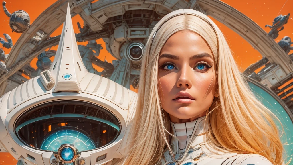 arafed image of a white woman in a futuristic suit with a spaceship in the background, movie art, in front of an orange background, inspired by Robert McGinnis, female protagonist, megastructure in the background, portrait of an ai astronaut, astronauts, an astronaut, portrait of a astronaut skeletor, perfect android girl, detailed eyes, perfectly detailed teeth, frank franzzeta and sakimichan