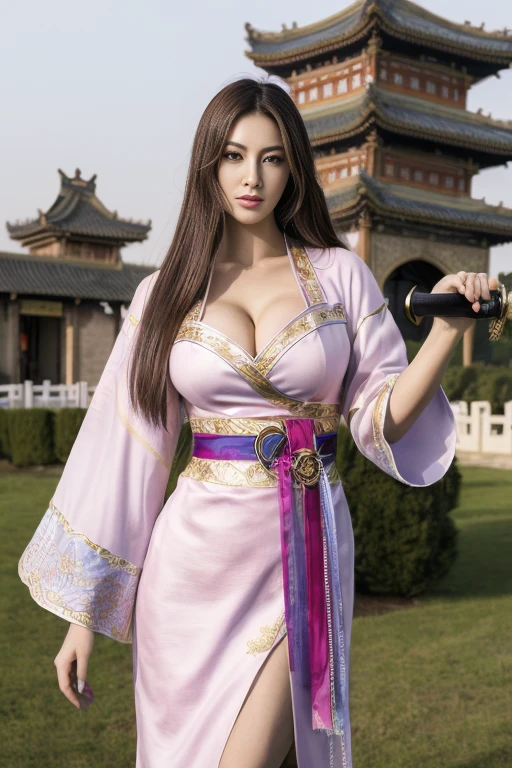 (Masterpiece,High-definition,Surreal、Digital Art:1.2)、Beautiful Female Warrior,Three Kingdoms,Fine eyes and face,Tall Woman,Chinese Warrior,Hanfu、(Holding a sword:1.2)、General temperament,Tall Woman,Long, slender legs、Narrow waist、Strong Body,Wide ass,Cleavage、In front of the gate of an ancient Chinese castle、Full Body Portrait