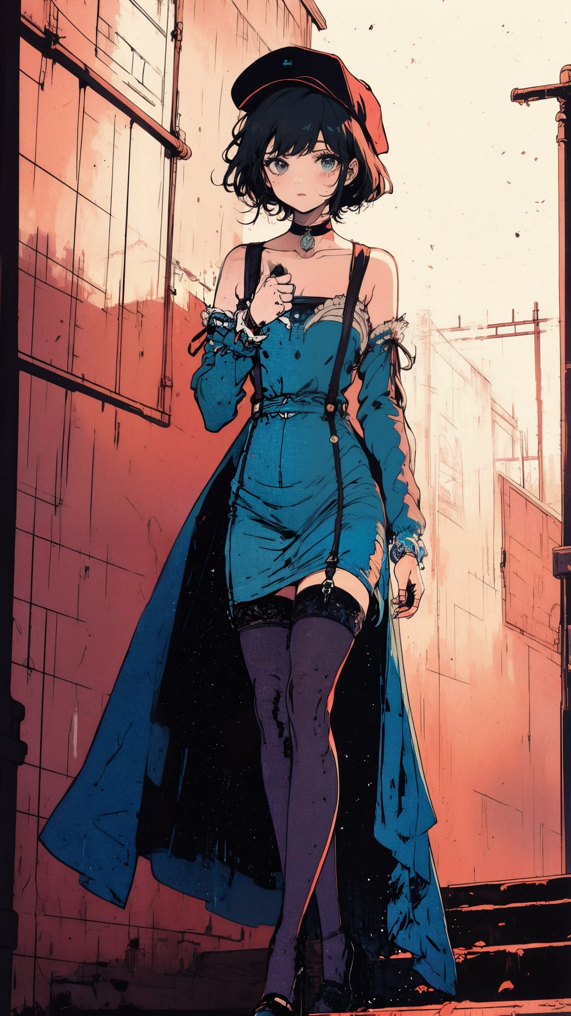 ((Best quality)),ultra detailed, Young woman, aristocratic hatsune miko stockings with suspenders, playful look, long sleeves, bare shoulders, hat with veil, heels with white line, vintage, went out for a walk and leaned over for a color, sniffs it, background sunset, Hand clenched into a fist 