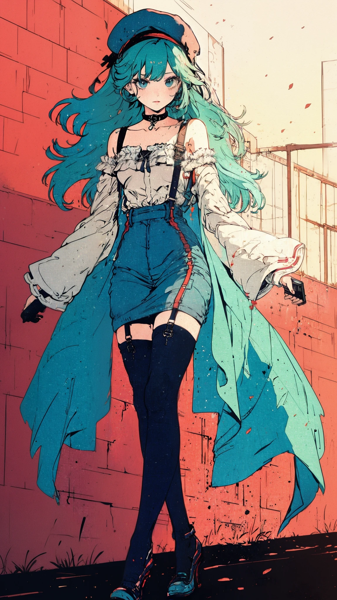 ((Best quality)),ultra detailed, Young woman, aristocratic hatsune miko stockings with suspenders, playful look, long sleeves, bare shoulders, hat with veil, heels with white line, vintage, went out for a walk and leaned over for a color, sniffs it, background sunset, Hand clenched into a fist 