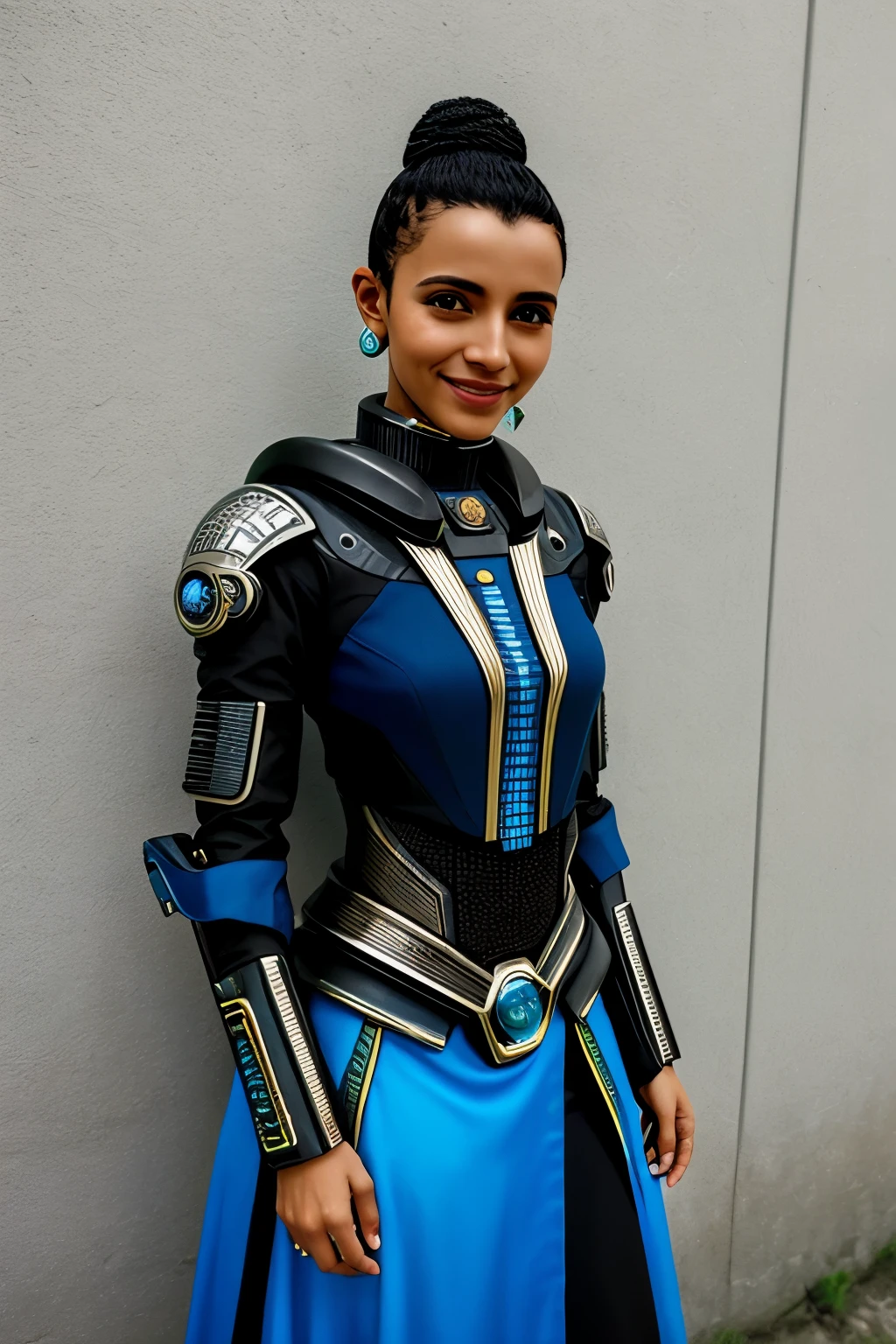 um retrato cyberpunk de uma mulher guatemalteca sorrindo,  (futuristic folk dress), pronounced feminine feature, detalhes insanos, detalhes intrincados, hiperdetalhado, fundo complexo, cidade futurista