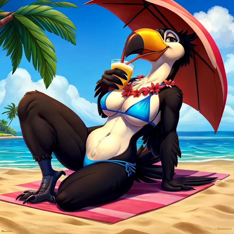 Solo female, toucan, avian, bird, curvy, black feathers, blue bikini bottom, flower lei, holding coconut drink, laying on towel, under umbrella, beach, Hawaiian, tropical, palm trees in background