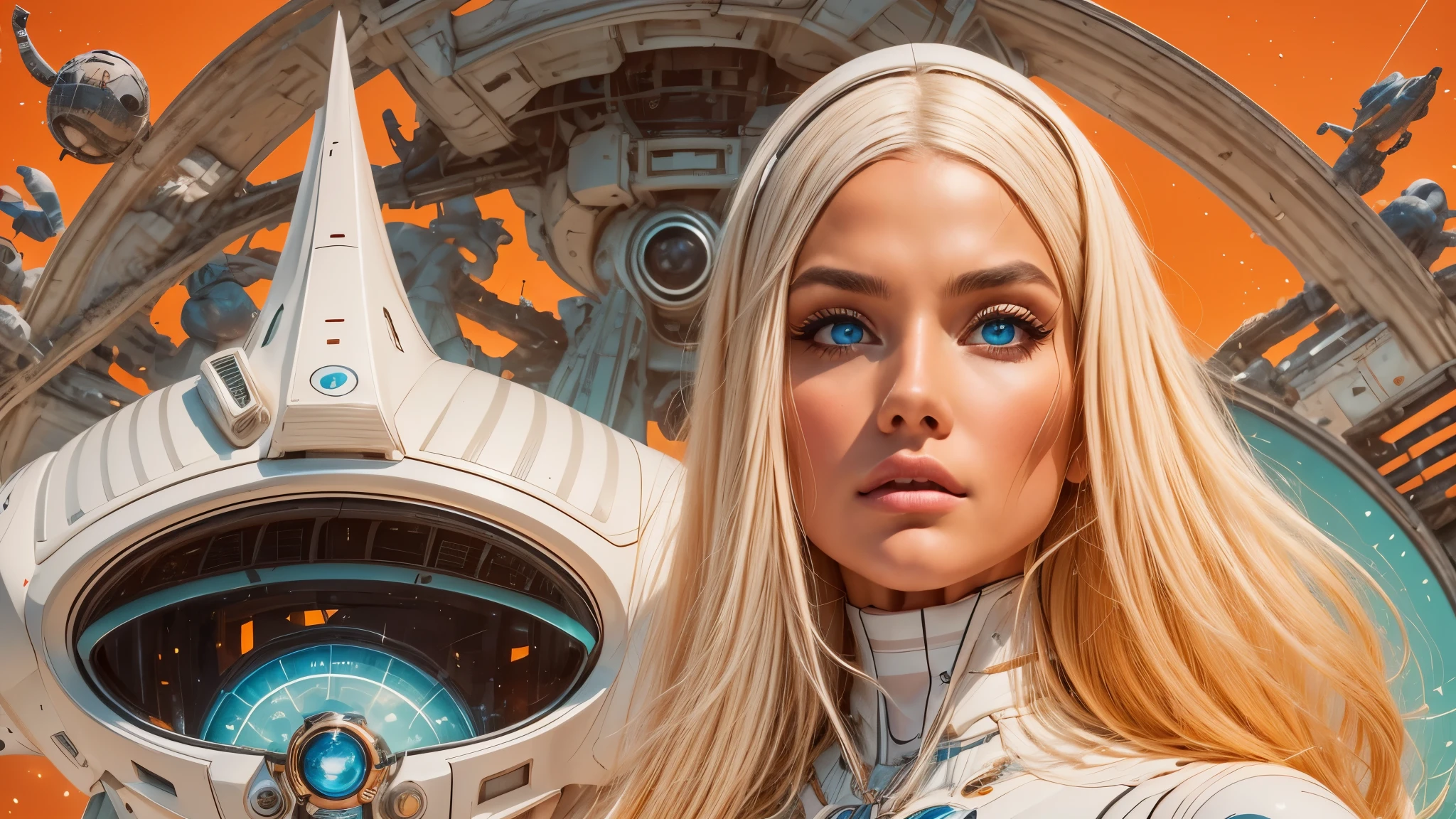 ((Beautiful woman, realistic shoulder-length blonde with flowing hair)), weightless & floating in the middle of a huge space station (photorealistic), the light outlines her curves,(((Transparent Seamless Combination))), (Style-Glass), (()), HDR, aliased, 8k, ((Syd Mead)), sharp details, ((masterpiece)), (painterly) , (good anatomy), (good proportions), (good composition)