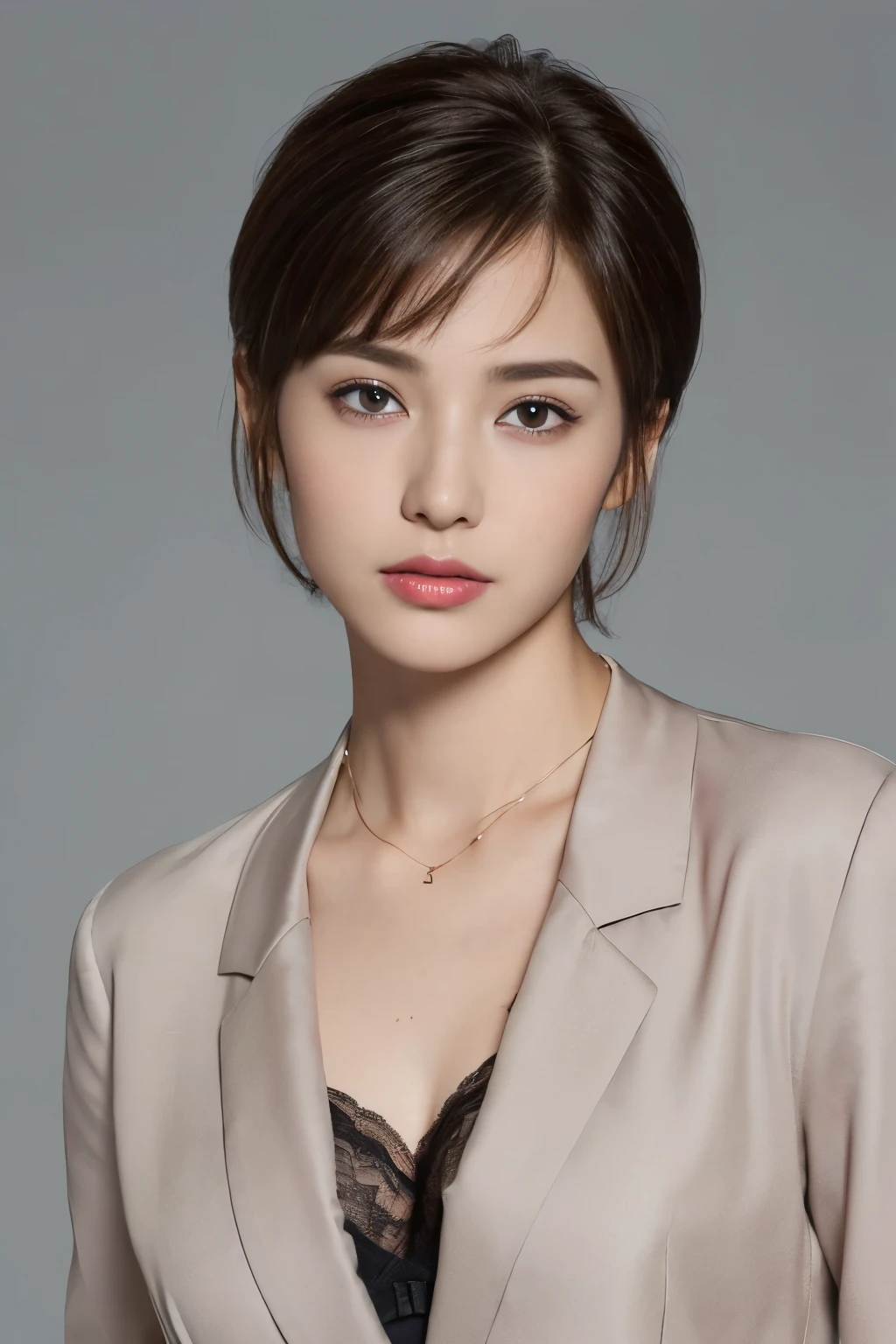 ((top-quality、8K、masterpiece: 1.erfect Body Beauty: 1.4、Slender Abs: 1.2、Beautiful woman with slender abs:1.3、(Highlight Haircutreast B Cup:1.2), medium breast, round shape breast, perfect shape breast, ( portrait photography, studio light, ), blazer, necklace, headphone, hyperdetailed face、18year old、 Pretty women、(Dark brown short-cut hair), Slim Face、Highly detailed facial and skin texture、very detailed lips、opens legs、top-quality、masterpiece、超A high resolution、(Photorealsitic:1.4), walked forward confidently, long shot , solid color background