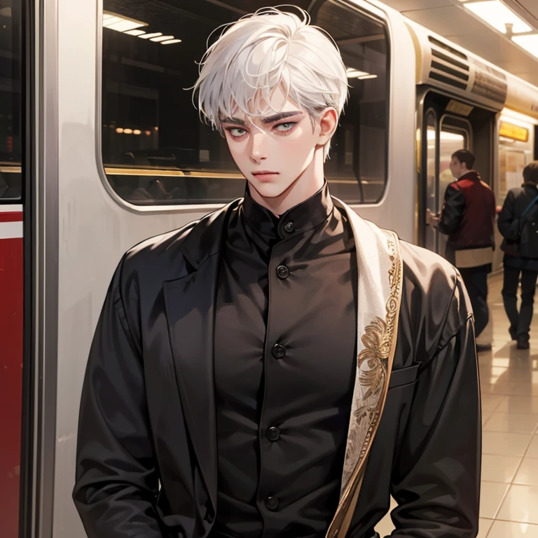 ((Masterpiece, Top Quality, Cinematic Light)), Adult, Male 1, Handsome, tall muscular man, broad shoulders, delicate eyes and delicate face, white hair, detailed background, subway background, black clothes, pouty hair, 