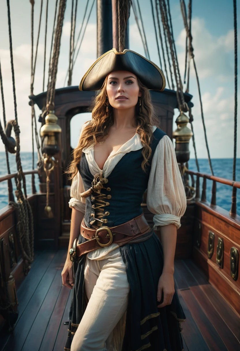 professional full length movie shot of female pirate on the old fantasy pirate vessel, charming symmetrical look, cute natural makeup, ((photorealistic)), hyperrealistic, lifelike, extremely high detail, sharp focus, modelshoot style, retro style, (cinematic lighting), volumetric light, high quality, (film grain), professionally color graded, highly detailed, UHD, DSLR, depth of field, f/2, 100mm, 8k