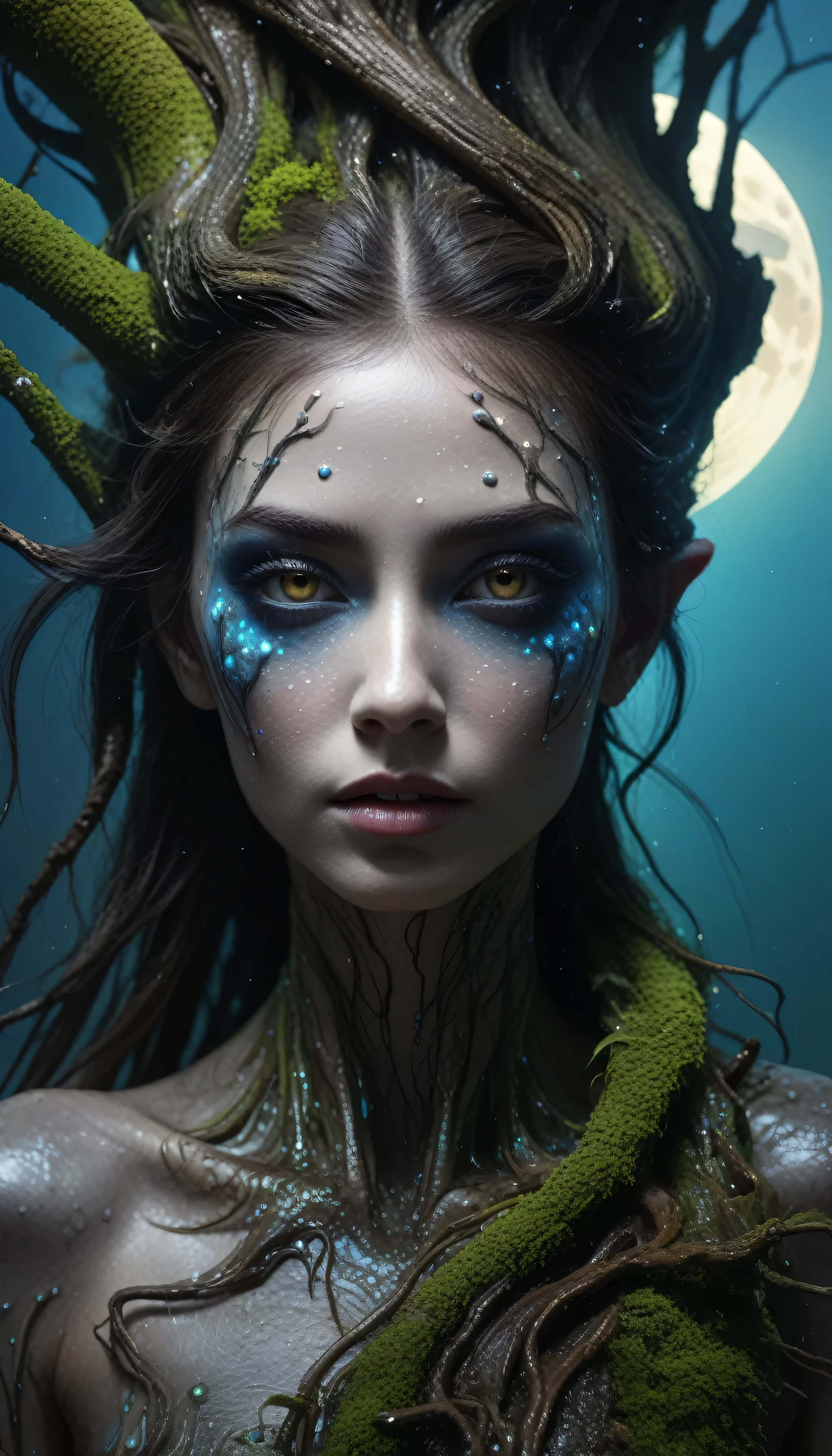 Chalcopyrite Mermaid,moana,golden black make up,long wavy hair,goblin,freckles,pretty face,eyebrow up,full body shot,ominous landscape,glate gray atmosphere,Simon Stalenhag,Nicola Samori,Wangechi Mutu,prime colors,Lisa Frank,city on background,chinesse,pixie,sea,under water,RAW,Retina,full body length,Obsidian Chalsedoon Nightcrawler,ominous landscape, niobium Obsidian atmosphere,dangerous atmosphere,intricate details,realistic humid skin,extremely intricate details,Epic Realistic, cinematic style,film grain,dramatic light,anatomically correct,faded,eyes extremely detailed, high detailed eyes,UHD,Retina,HDR,CinematicTechnicolor,natural skin textures, hyper realism, hyper detailed,High contrast,Realism,Ultra Detailed,irina yermolova,close full body shot, masterpiece,faded,8k resolution,RAW, Nikon Z9,Rakotzbrücke of Germany,(1 terrifying and charismatic monster made from a Cave Swamp tree trunk, have a very pronounced mouth), Branches come out from the head, look at the camera, hypnotic and detailed eyes, built into the tree itself, be confused with them, dark energy, spectrum, very detailed, Natural light, Posthuman, face, neutral, meat, The horror of the universe, alien organic nightmare, fantasy, dream as art, higher resolution,8K,QG, very detailed 8K wallpaper, Complex, high detail, sharp focus, dramatic (full moon), realist, works of art, better quality, space, universe, magic, Complex, very detailed, kind, sharp focus, dramatic lighting, chromatic aberration, Depth of the bounds written, soft lighting, ,tentacles from skull full moon, transmitted by blood, corporal horror