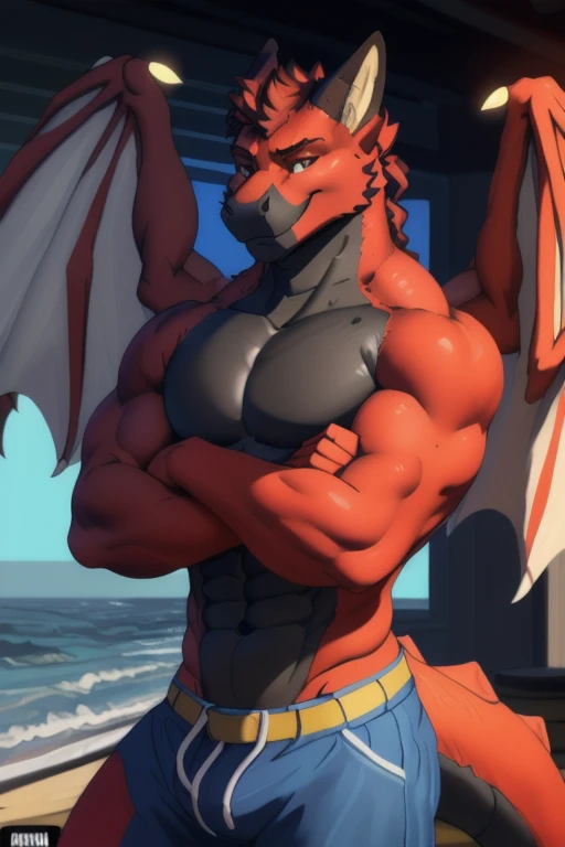 (((Jonathan the hybrid Dragon with a tail that is the color red with a  black chest and muscles, muscle , day, sexy, sensual, detailed, uploaded to e621, beautiful and detailed portrait of an anthropomorphic with He has all 
, ((male ))) kenket, Ross Tran, ruan jia, uploaded to e621, zaush, foxovh, movie lighting, skinny, alone, with his wings and flexing one of his arms