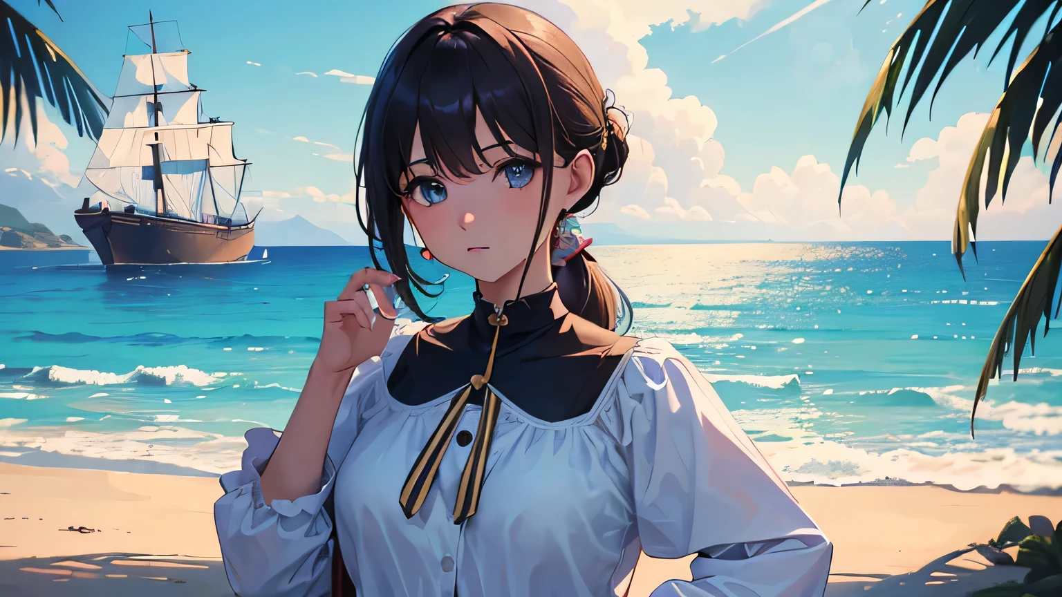 (8k, RAW foto, mejor calidad, (Obra maestra, super high quality, super detailed), Mappa anime style paisaje, chica joven, Absoluto, velas escarlatas, girl looking at the sea from the coast, camera looking at the sea, detalles intrincados, sailing ship with velas escarlatas, A beautiful women posing for a photograph in an alley, brown ponytail, golpes, risa feliz, blue eyes, Cuerpo magro musculoso, perfect anatomy, Looking to the camera, Time of the day, cielo azul, estilo animado, al aire libre, tendencia en artstation, Oh!, sakimichan muy sensual, con ropa original cuerpo entero, muy realista, extremadamente realista, extremadamente sexy, 8k, 8k extremadamente detallado), (un extremadamente delicado y hermoso), (obra maestra), (mejor calidad: 1.0), (ultra high resolution:1.0)