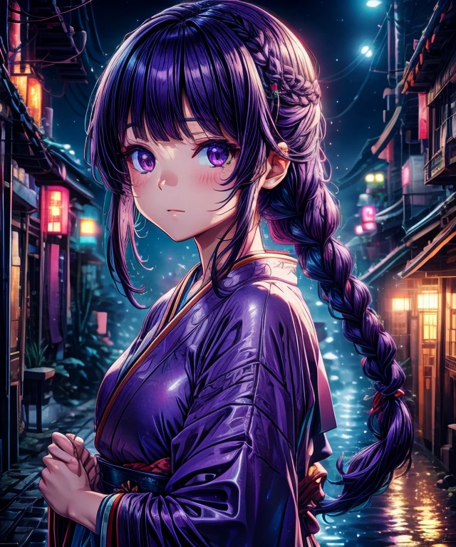 1girl, blunt bangs, braid, wide sleeves, hair ornament, japanese clothes, red obi, (purple hair:1.2), very long hair, straight hair, looking at viewer, highly detailed background, (photo realistic:1.2), detailed eyes,ultra long eyelashes, red eyeshadow, depth of field，thigh, (ulzzang-6500:0.7), upper body, (solo:1.2), (cyberpunk city:1.1), small cute ,  Shiny skin