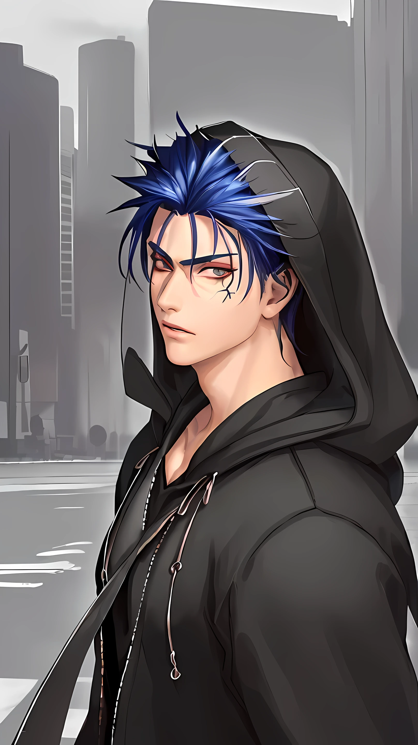 masterpiece, best quality, high quality, detailed face, detailed facial, detailed eyes, focus face details, 1boy, solo, male focus, looking at viewer, Cú Chulainn, Black Hoodie jacket, city, 