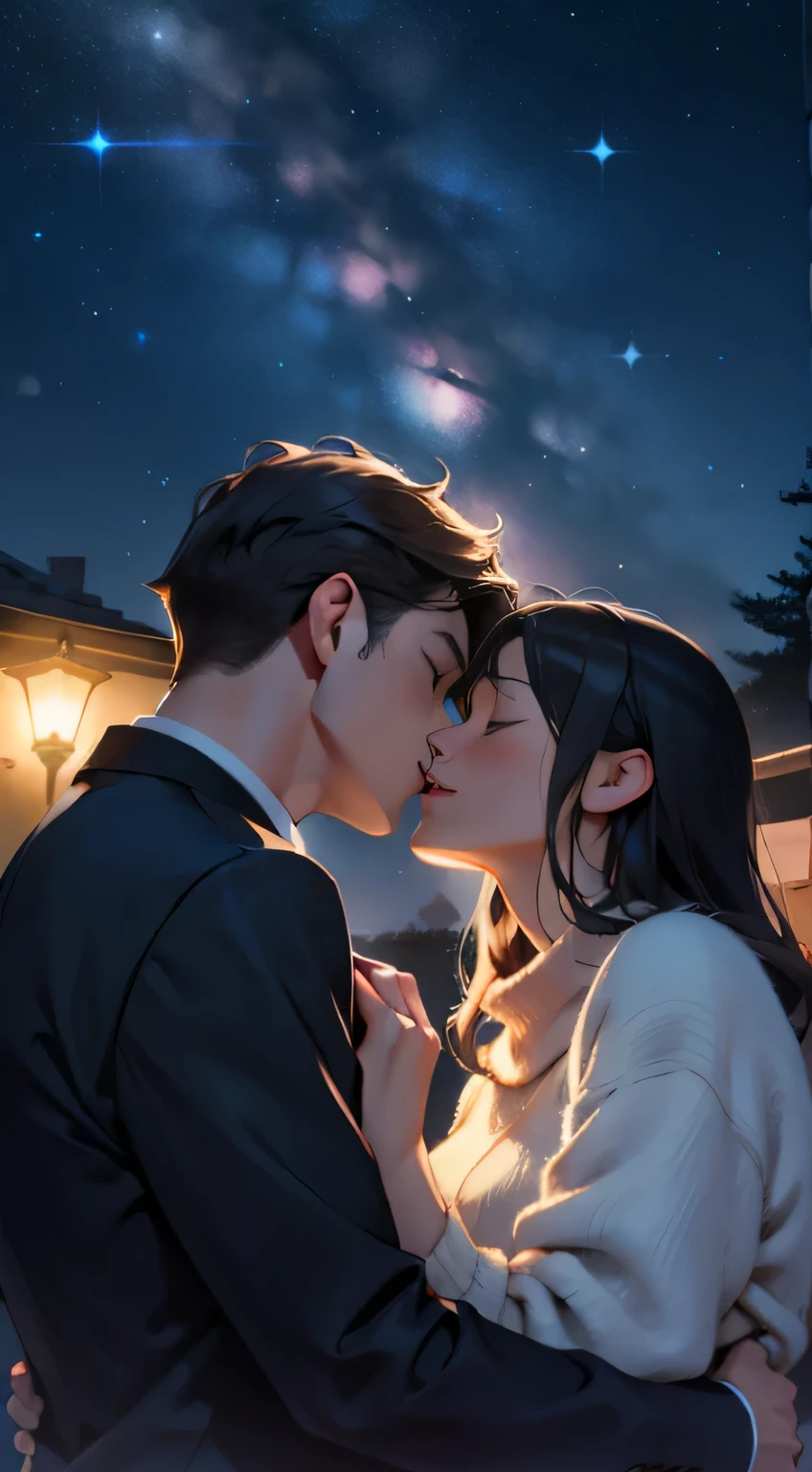 As night fell,Soft starlight shines on the two lovers,They kissed romantically under the bright starry sky,