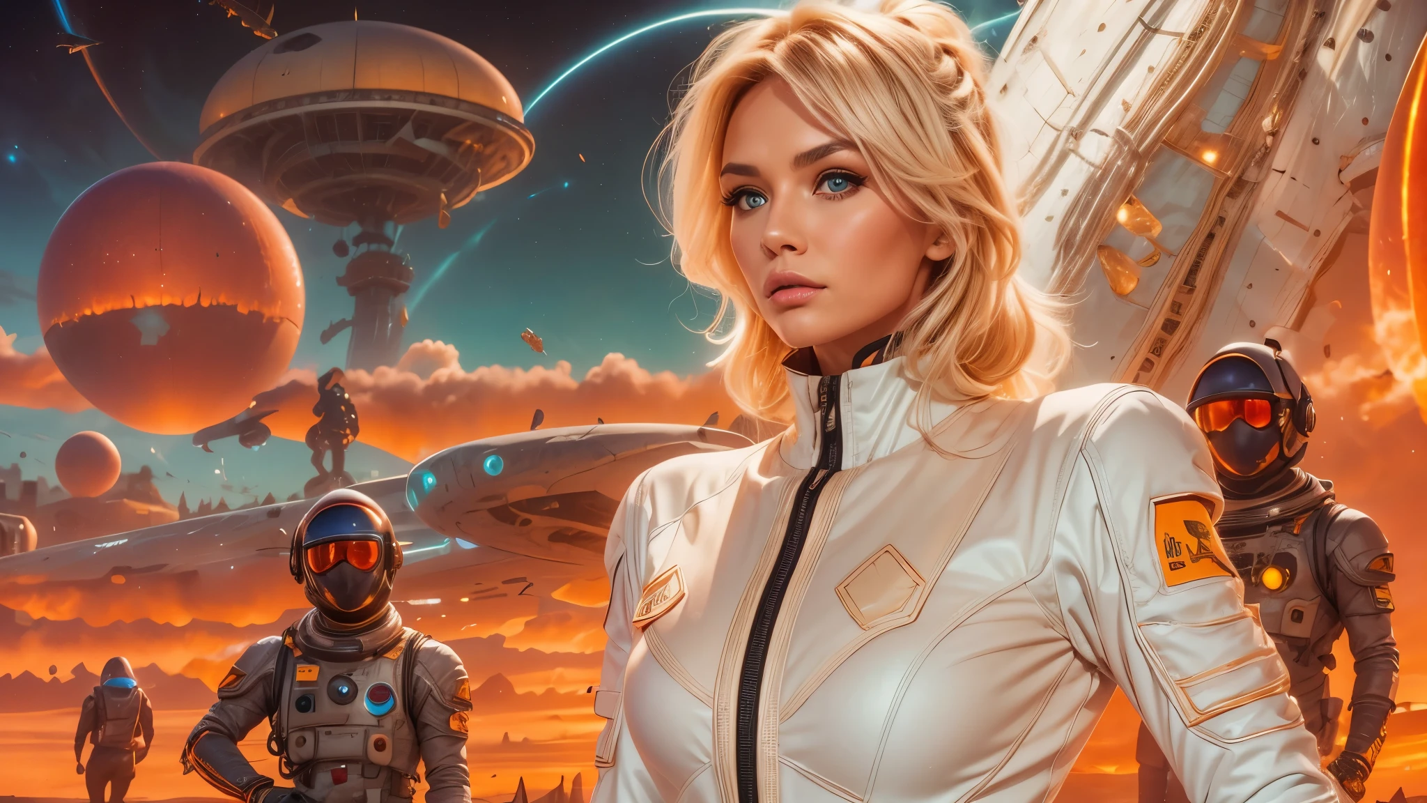 arafed image of a white woman in a futuristic suit with a spaceship in the background, movie art, in front of an orange background, inspired by Robert McGinnis, female protagonist, megastructure in the background, portrait of an ai astronaut, astronauts, an astronaut, portrait of a astronaut skeletor, perfect android girl, detailed eyes, perfectly detailed teeth, frank franzzeta and sakimichan