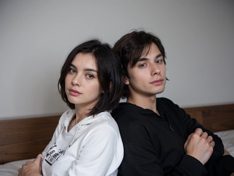 medium length black layered haired girl with fringe wearing plain black hoodie and short haired brunette male wearing plain white shirt lying in bed