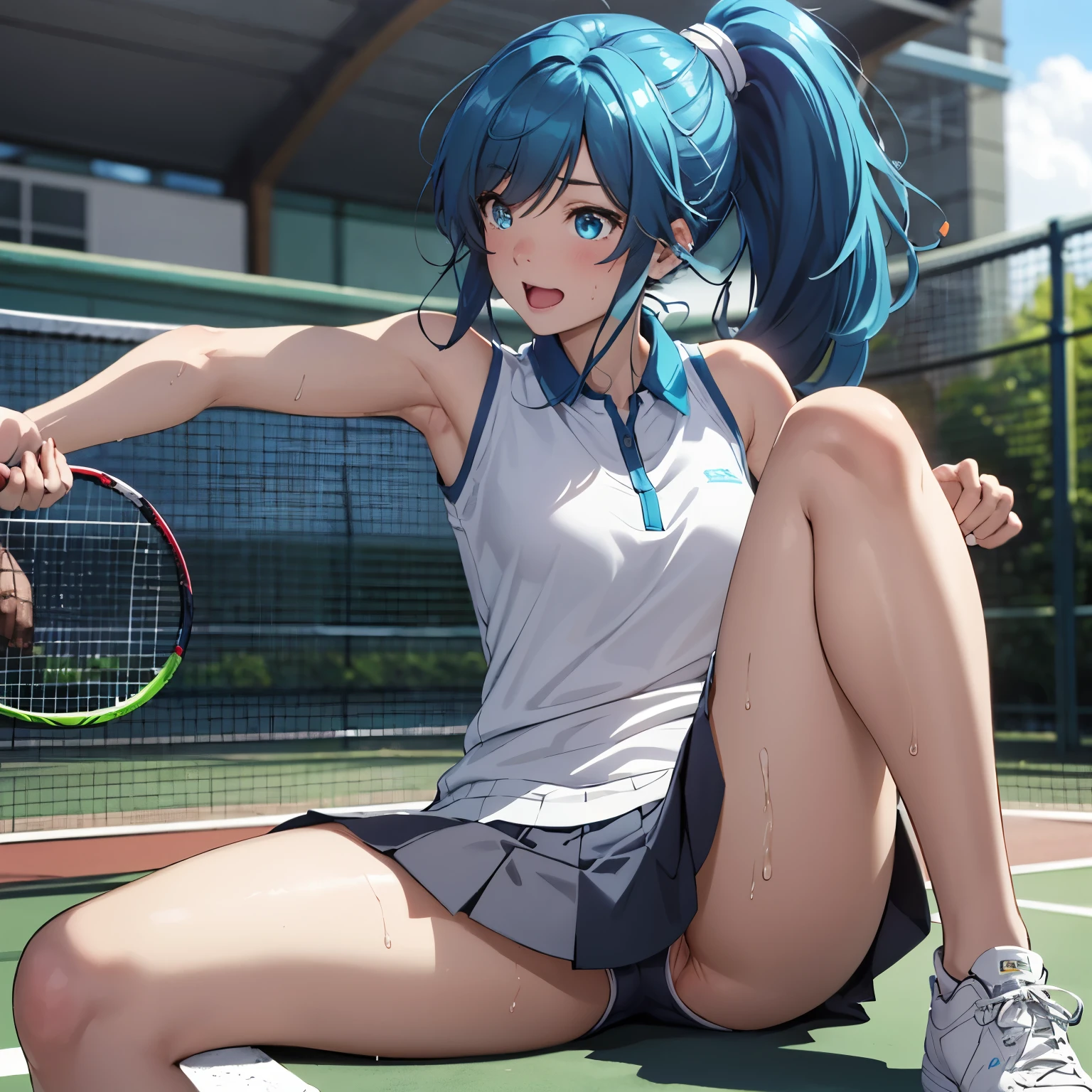 a matter of fact, daytime, sunlight, 1 woman, 8K resolution, ponytail, blue hair,  blue eyes, glowing eyes, white short skirt, Blush, tennis court, sunlight, Strapless shirt, Wet from the rain, seethrough, Sit with your knees raised, Spread your legs, M leg, , laugh, the skirt is blowed up, highest quality, High resolution, highly detailed face, perfect lighting, Very detailed CG, (perfect hands, perfect ), minami nanami, perfect figure, armpit