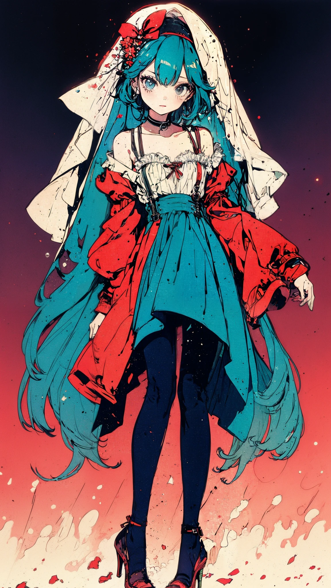 ((Best quality)),ultra detailed, Young woman, aristocratic hatsune miko stockings with suspenders, playful look, long sleeves, bare shoulders, hat with veil, heels with white line, vintage, went out for a walk and leaned over for a color, sniffs it, background sunset, fingers on the hand clenched into a fist