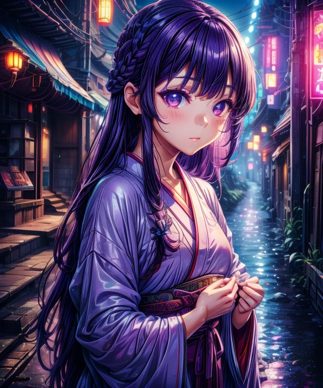 1girl, blunt bangs, braid, wide sleeves, hair ornament, japanese clothes, red obi, (purple hair:1.2), very long hair, straight hair, looking at viewer, highly detailed background, (photo realistic:1.2), detailed eyes,ultra long eyelashes, red eyeshadow, depth of field,thigh, (ulzzang-6500:0.7), upper body, (solo:1.2), (cyberpunk city:1.1), small cute , Shiny skin, hands down