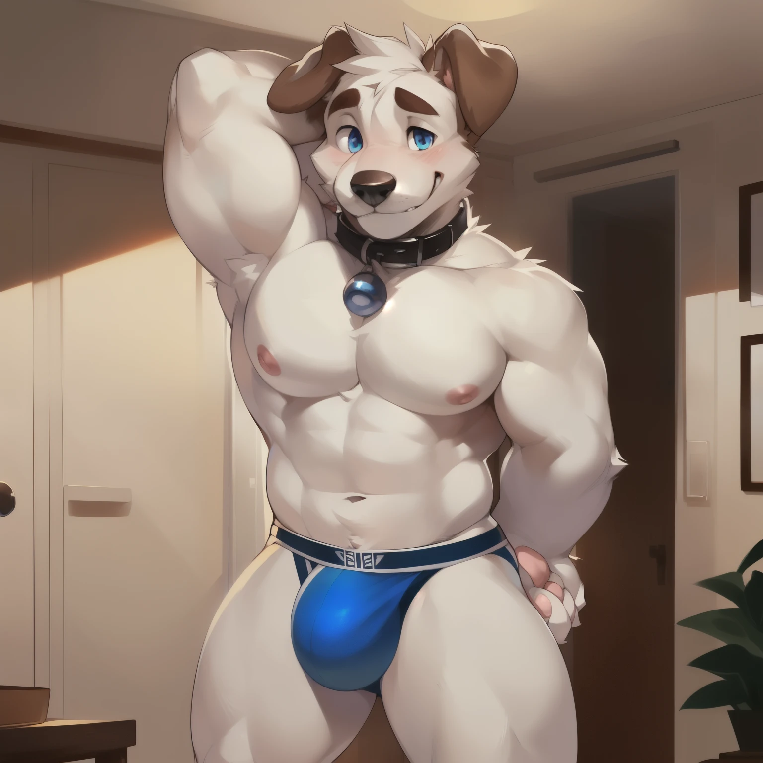 Solo, male (((short, domestic dog, embarrassed expression, fluffy, thin, muscular, black nose, huge pecs, brown spots on legs, white body, white fur, white legs, white arms, white head, brown ears, folded ears, floppy ears, ears folded forward, black eye brows, juicy pecs, big bulge, pink nipples, long snout, looking shy, blue eyes, pawed feet, pink paw pads, all brown ears))) bedroom, standing, ((male focus, eye focus, focus white body, focus white fur, focus full body, focus brown ears, focus three quarters view, mostly white body)) black collar, collar, hand scratching behind head, detailed hands, detailed eyes, detailed face, detailed arms, detailed bulge, detailed jockstrap, detailed body, detailed ears, detailed hand scratching behind head, thin waist, blue jocksrap, jockstrap, perfect anatomy, by darkgem, by mystikfox61, by glitter trap boy