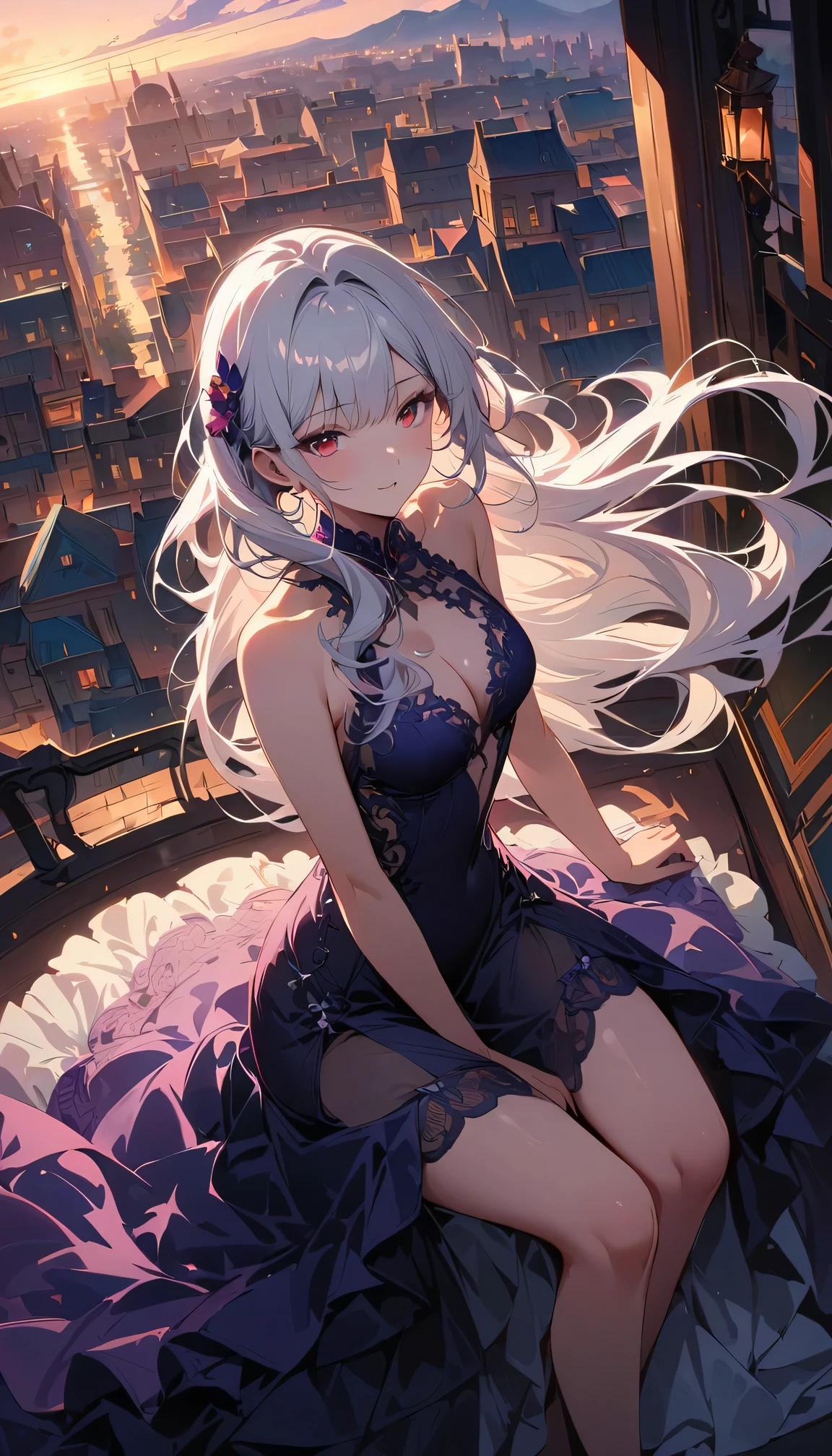 (CG 8k wallpapers are extremely detailed, masterpiece, best quality, Super detailed), (Better lighting, Better shadows, Extremely refined), floating, High Saturation, Dynamic angle, 1 Girl, Gorgeous, white hair, Red Eyes, Very long hair, Hair accessories, Stand on the rooftop, orchid evening dress, Delicate lace details, Hair swaying gently in the wind, Amazing city view in the background, romantic atmosphere.