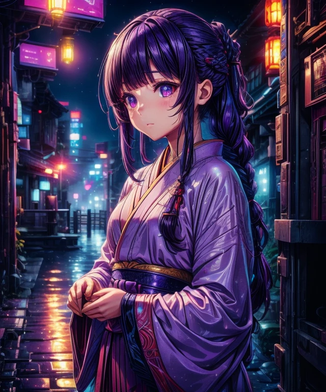 1girl, blunt bangs, braid, wide sleeves, hair ornament, japanese clothes, red obi, (purple hair:1.2), very long hair, straight hair, looking at viewer, highly detailed background, (photo realistic:1.2), detailed eyes,ultra long eyelashes, red eyeshadow, depth of field，thigh, (ulzzang-6500:0.7), upper body, (solo:1.2), (cyberpunk city:1.1), small cute ,  Shiny skin, 